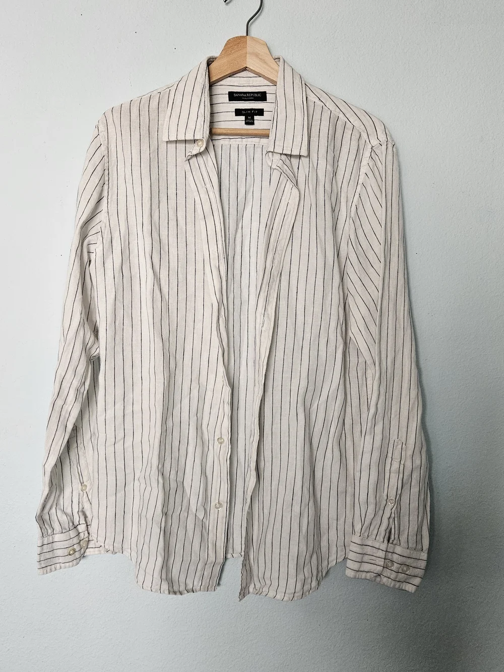 Banana Republic White Linen-Blend Shirt with Navy Pinstripes